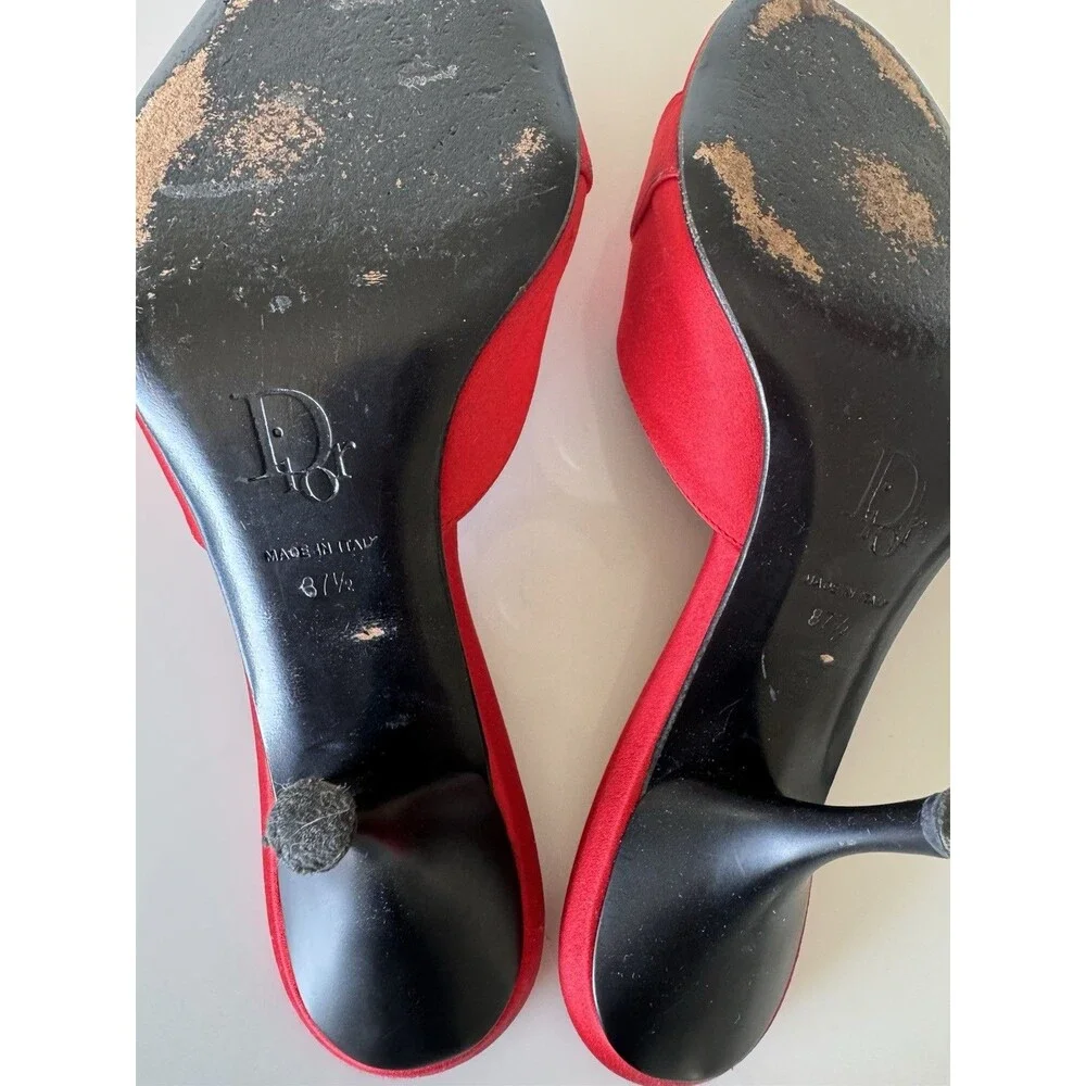 Vintage Dior Galliano Red Satin Lock & Key Mules EU 37.5 Authentic Shoes Y2K - Picture 9 of 11